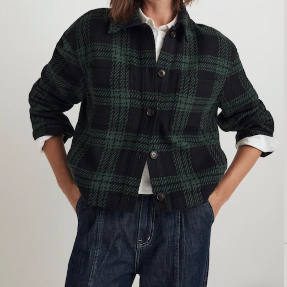 Madewell Flannel Boxy Shirt-Jacket in Plaid Green and Black Size Small